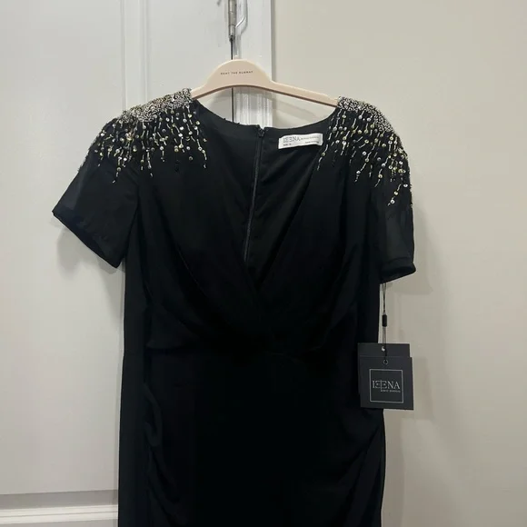 NWT Mac Duggal Black Sequined Embellished Shoulder Evening Gown Size 14 $498